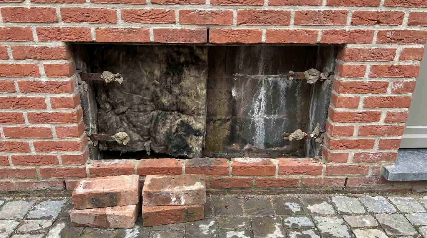 Une ouverture d'inspection dans une façade neuve en brique rouge dévoile un isolant affaissé et couvert de moisissure noire à l'intérieur du mur creux.
