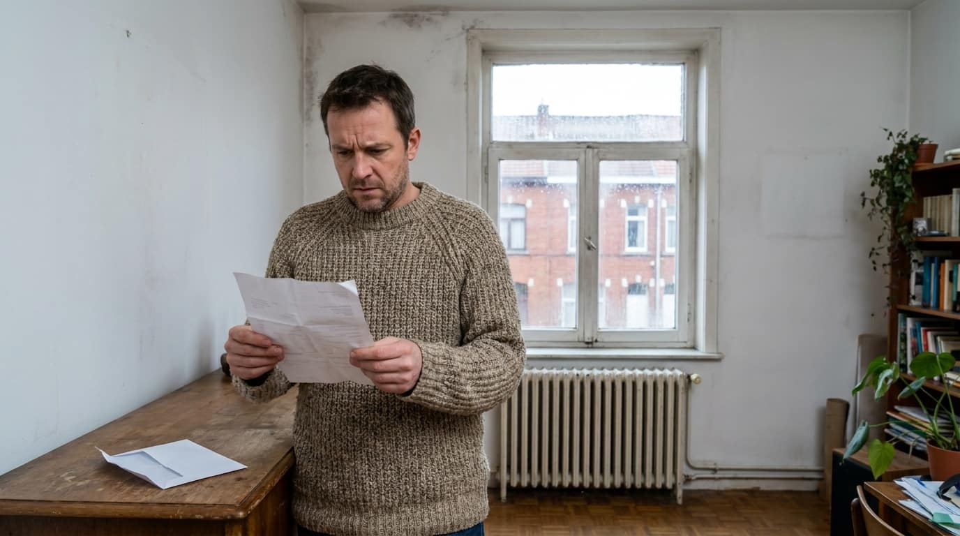 Un homme en pull épais lit sa facture d'énergie d'un air inquiet dans son salon, devant une fenêtre embuée et un mur marqué par l'humidité.