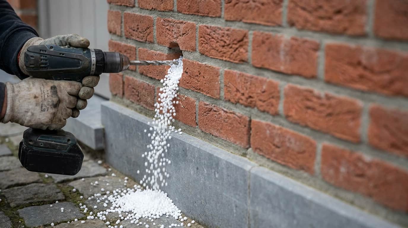 Une main gantée retire une perceuse d'un trou dans une façade en brique rouge d'où s'écoulent des billes d'isolant blanches qui s'accumulent au pied du mur.