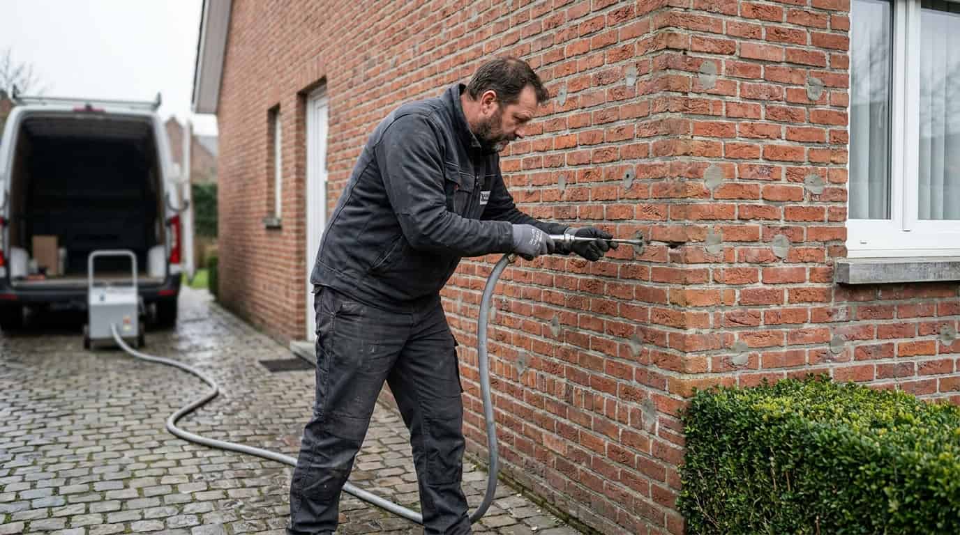 Un technicien injecte de l'isolant dans un petit trou percé dans le joint d'une façade en brique rouge, le tuyau rejoignant la machine installée dans une camionnette blanche.